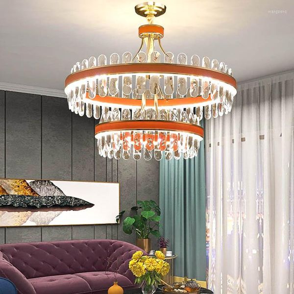 Kronleuchter Dimmbares LED-Licht 2-stufige Kristalldecke 2022 Orange Luxuslüster Runde Hängelampen Wohnkultur für Wohnzimmer