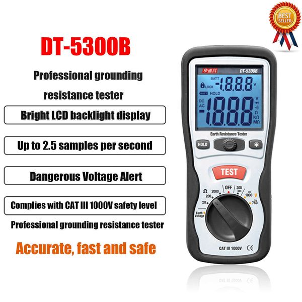 CEM DT-5300B Tester di resistenza di terra di terra Retroilluminazione Indicazione di batteria scarica Display digitale Misuratore di resistenza Megohm Universale.