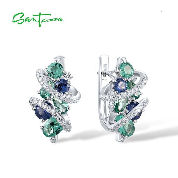 Brincos prateados de Santuzza para mulheres Pure 925 Sterling Sparkling Blue Green Spinel White Cz Charming Fine Jewelry 221119