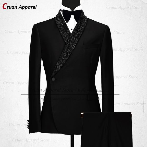 Erkek Suit Blazers Lüks Resmi Siyah Düğün Erkekler Set İnce Fit Sağdıçlar Damat Smokin Beyaz Tasarımlar Parlak Şal Yüzü Blazer Pantolon 2pcs 221121