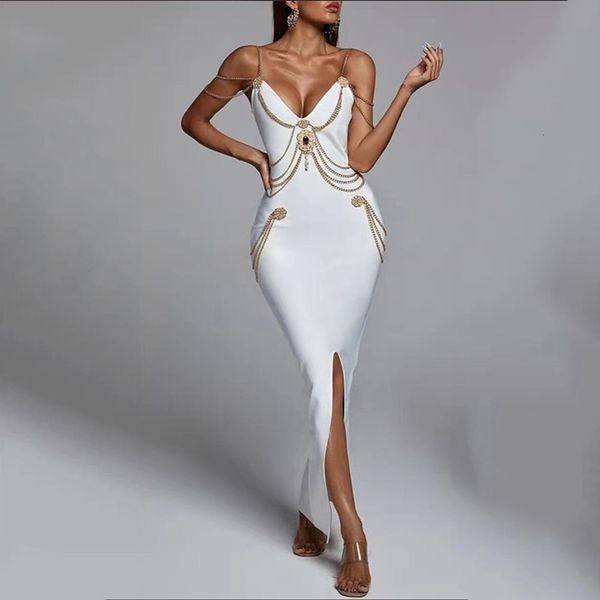 Vestidos casuais de alta qualidade Cadeia branca Branca Spaghetti Strap V Neck Split Bodage Bodycon Celebrity Club Party Long vestidos 221121