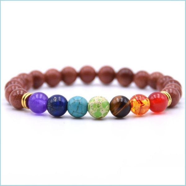 Bracciale con perline in pietra preziosa pianeta 7 Chakra con perline Bracciale da uomo Ms. Bracciale con diffusione di olio di roccia fusa Perline Yoga Elastico regolabile Goccia di colore Deli Dhy2J