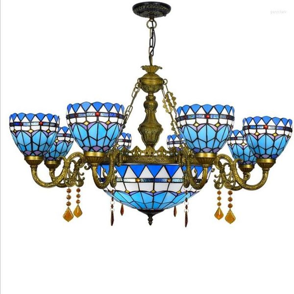 Подвесные лампы Тиффани синяя светодиодная подвеска Европейская Средиземноморская Стекло Стекло светильника для квартиры в фойе 1221