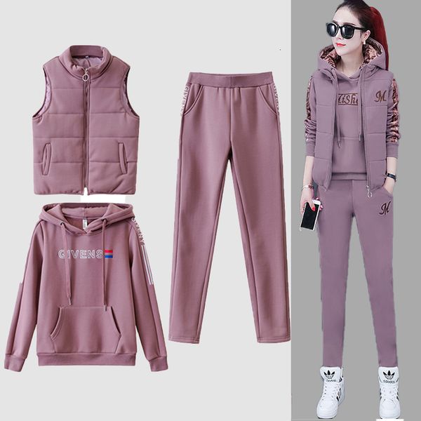 Pantaloni da donna a due pezzi 3 Set Tuta Autunno Inverno Tuta sportiva Felpe con cappuccio Gilet Pantaloni Casual Velluto Caldo Sporting Donna Outwear 221121