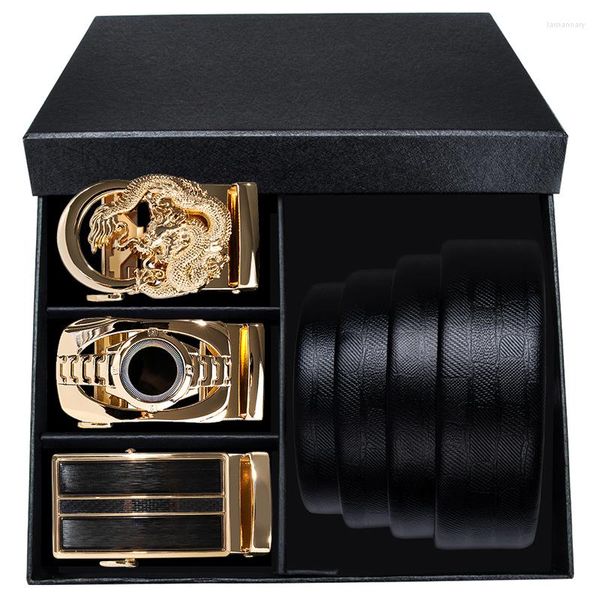 Gürtel Hi-Tie-Gürtel und Box für Männer Geschenk Kuh Echtleder 3 Schnallen Business Herren Gold Design