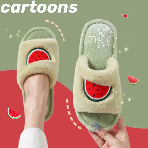 Winter Pelz Haus Frauen Hausschuhe Nette Cartoon Obst Avocado Erdbeere Schlafzimmer Paare Schuhe Warme Plüsch Damen Haarigen Rutschen J220716