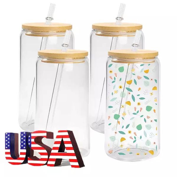 US-Lager Sublimationswasserflaschen 16oz Glasdose mit Bambusdeckel Wiederverwendbarer Strohhalm Bierkrug Kaffee Teetassen Becher