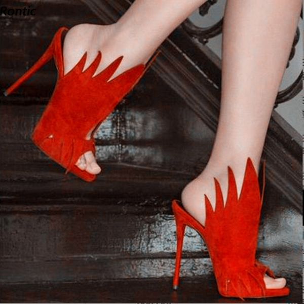 Rontic 2022 New Women Mules Sandals Style Flame Stiletto Saltos altos redondos de dedão lindos Red Shoes Ladies Us Tamanho 5-15