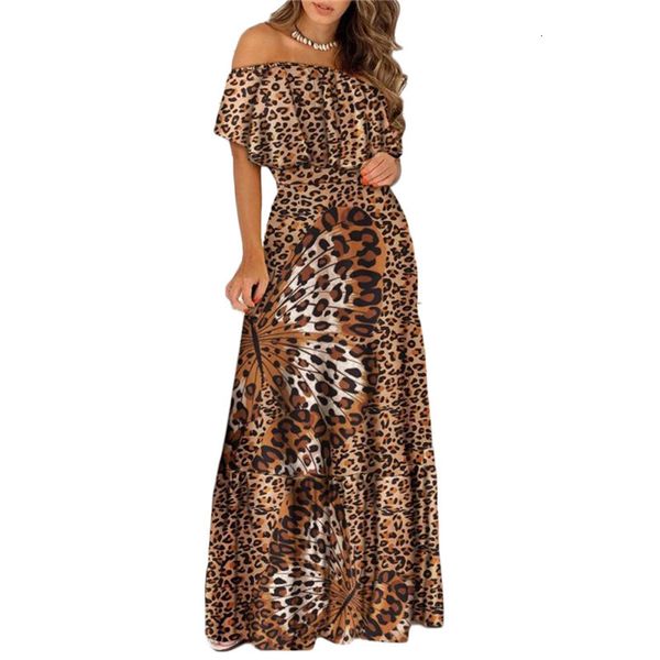 Lässige Kleider Sexy Sommer Damen Lange Vestidos Rüschen Schulterfrei Kurzarm Schmetterlinge Leopard Blumendruck Strandkleid S XXL 221121