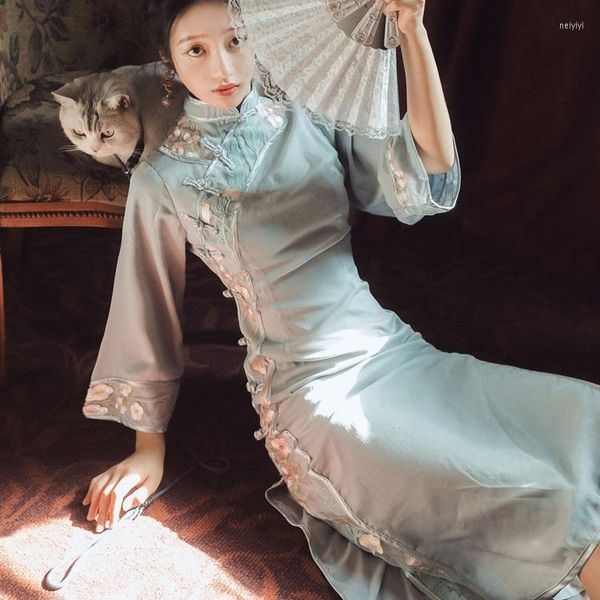 Этническая одежда Cheongsam платье для женщин хлопковое qipao Современные голубые платья, прополняющие китайский стиль элегантный 2022 девушки