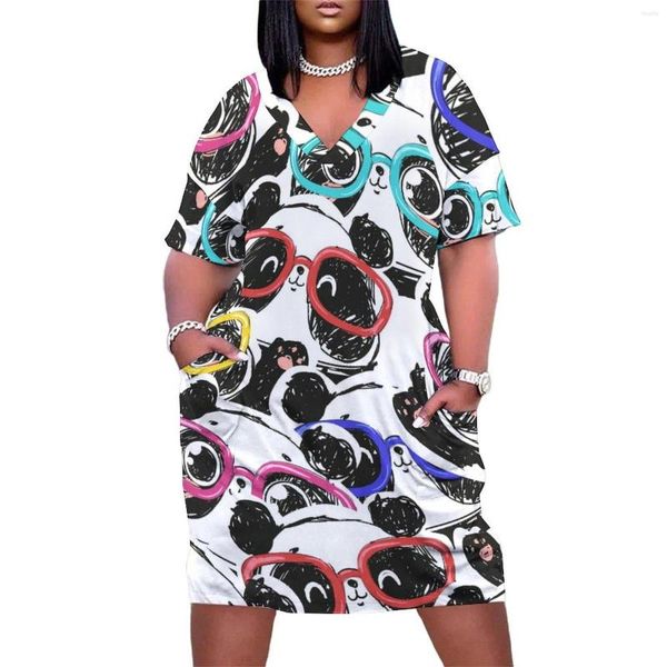 Abiti taglie forti Baby Panda Dress Scollo a V Simpatica stampa animalier Trendy Woman Street Wear Casual con tasche 3XL 4XL