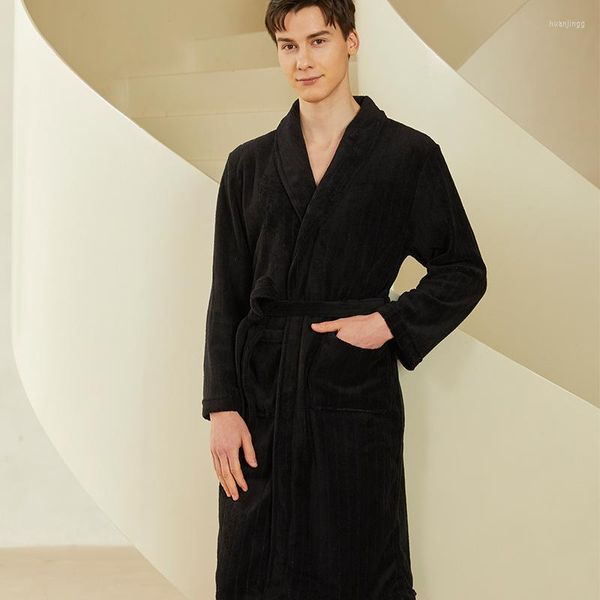 Erkekler Placowear Mercan Kadife Pijamalar Erkekler Kış Siyah Peluş Kalınlaştırılmış Pazen Gecesi Uzun Kemer Batonlu Kol Sıcak Ev Giysileri