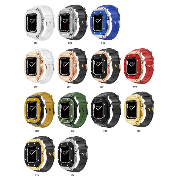 Ap Watches Mod Kits Smart Straps Alloy Frame Case Fit Silicone Watchband Strap Band Wearable Substituição para Apple Watch Series 3 4 5 6 7 8 SE iWatch 44 45mm