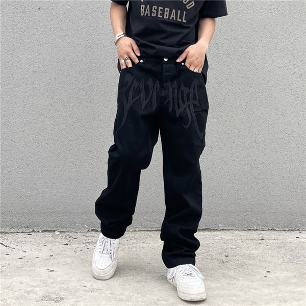 Erkeklerin izleri y2k emo Erkekler moda siyah sokak kıyafeti işlemeli alçak rise gündelik kot pantolonlar düz hip hop alt denim pantolon erkek kıyafetler