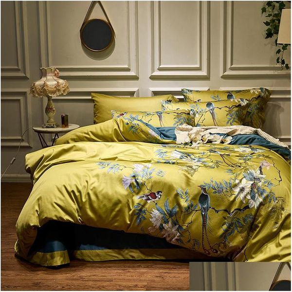 Yatak takımları ipeksi Mısır pamuk sarı yeşil yorgan er yatak tabakası takılmış set kral kraliçe yatak drop desen ev bahçe metni dhzi8