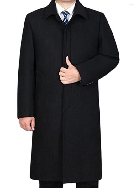 Herrenanzüge, Umlegekragen, schwarze Windjacke für Herren, maßgeschneidert, einreihig, 50 % Wollmischung, lange Winteroberbekleidung, nur eine Jacke