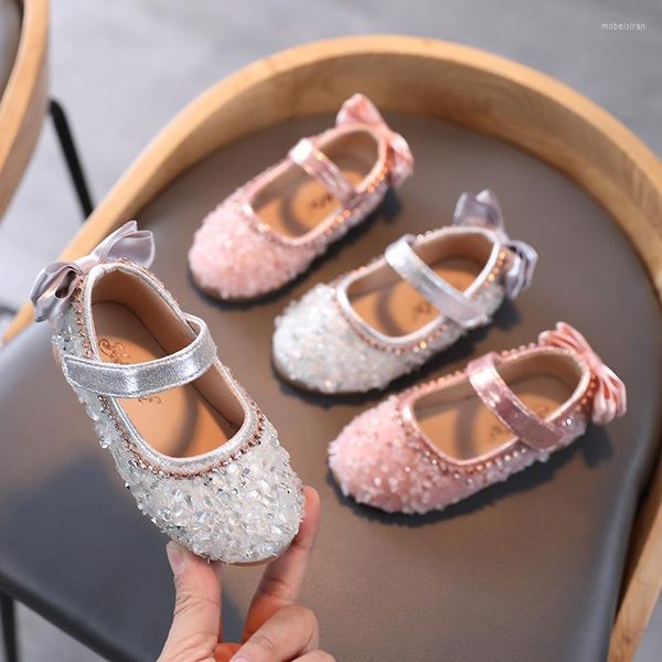 Sapatos baixos Moda Laço de Strass Elegante Princesa Couro Menina Crianças Boneca Sapato Bebê Vestido Infantil Festa de Dança