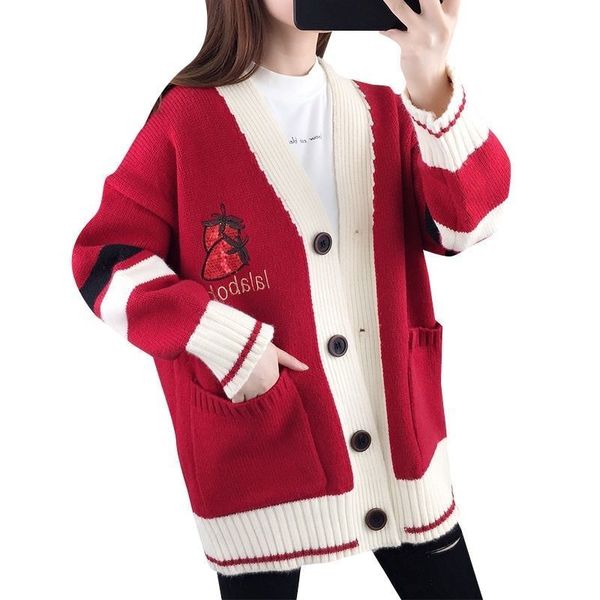 Maglioni femminili cardigan dolce cuore in maglia in stile coreano a strisce lunghe razze alla moda fragola c maglione bianco maniche lunghe uncinetto nuovo giacca casual sciolta casual