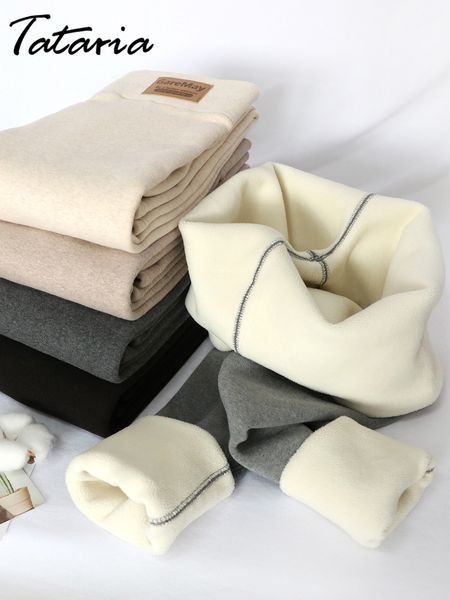 Leggings femininos de inverno Veludo térmico algodão fino com lã de lã Pant Shinny Stretch grossa bege quente para mulheres 221121