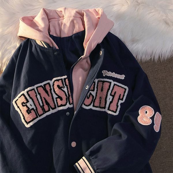 Piumino da donna Parka Preppy Giacca da donna American Vintage Lettera Ricamo Falso in due pezzi Uniforme da baseball Autunno Dolce Cool Hip Hop Cappotto da uomo 221121