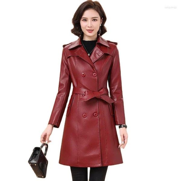 Frauen Leder 2022 Herbst Winter Jacke Fräulein Medium Und Lange Koreanische Version Oberbekleidung Slim Fit Lokomotive PU Frauen Graben mantel