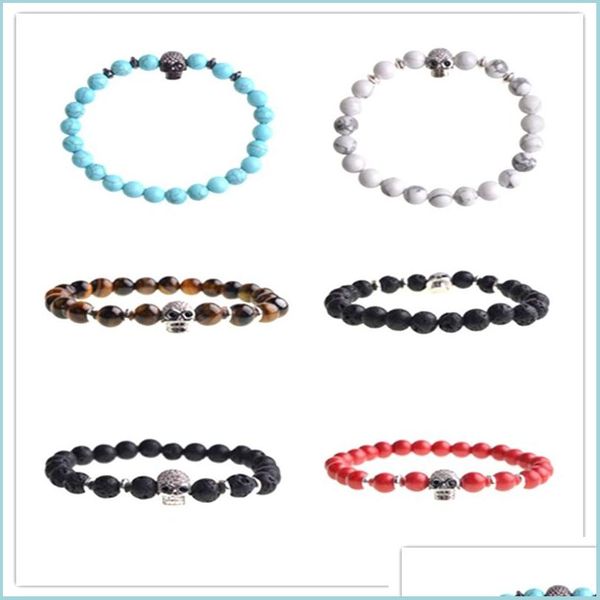 Bracciale con perline in zirconi naturali per uomini e donne Personalità della moda 8 mm Pino bianco Occhio di tigre rosso Pietra vulcanica Consegna a goccia Gioiello Dhrhz