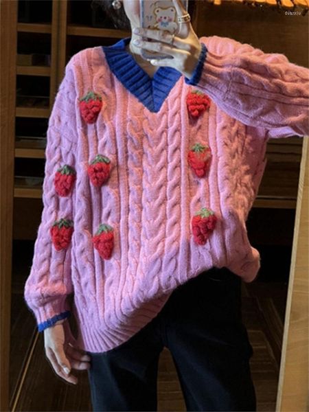 Женские футболки T сладкий клубничный свитер кардиганский пальто осень свободное женское v-образное вязаная вишня/цветочная студенческая куртка 2022