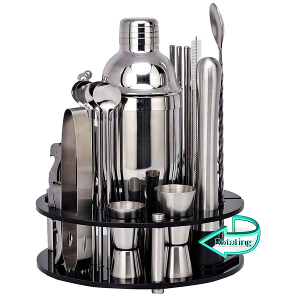 Bicchieri da vino Kit da barista Cocktail Shaker Set con supporto rotante in acrilico per bevande miste Strumenti da bar Martini Acciaio inossidabile Regalo perfetto 221121