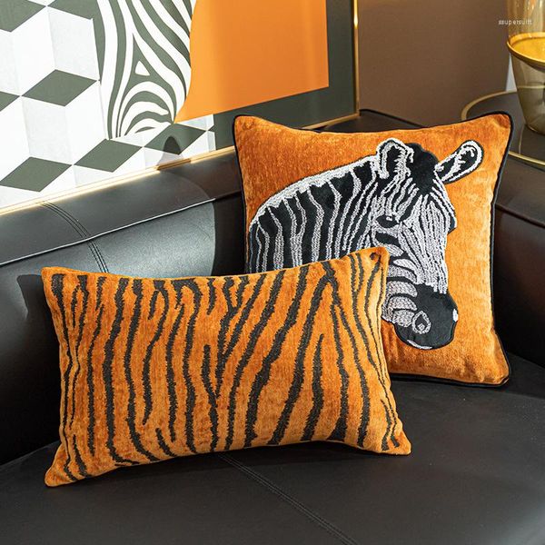 Cuscino Decorazioni per la casa Copertura Custodia decorativa Moderna Semplice Lusso Morbido Arancione Zebra Ricamo Divano Sedia Biancheria da letto