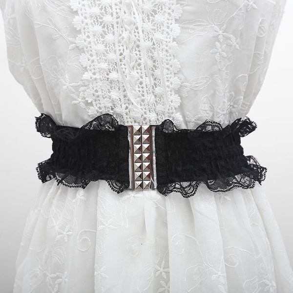 Cinture Totem retrò Cintura larga in pizzo Donna Nero Bianco Abito elasticizzato elastico Cintura con fibbia Decorazione da donna