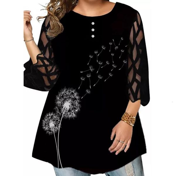 Maglietta taglie forti da donna Maglietta taglie forti Maglietta estiva stampata di grandi dimensioni Tuniche da donna Camicetta Manica in pizzo nero Moda femminile Elegante Patchwork Top 221121