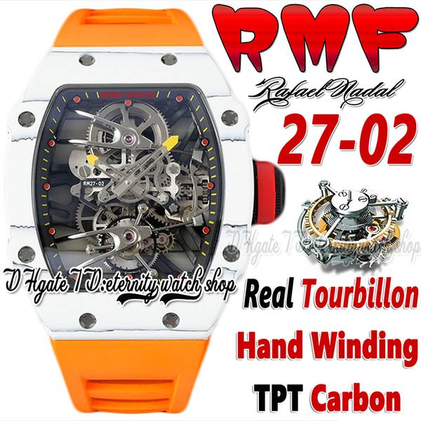 RMF YSF27-02 Erkekler İzle Gerçek Tourbillon Mekanik El Sarma TPT Kuvars Karbon Fiber Kılıf Kılıfı Kadran Turuncu Kauçuk Kayış Süper Edition Spor Sonsuzluk Saatleri