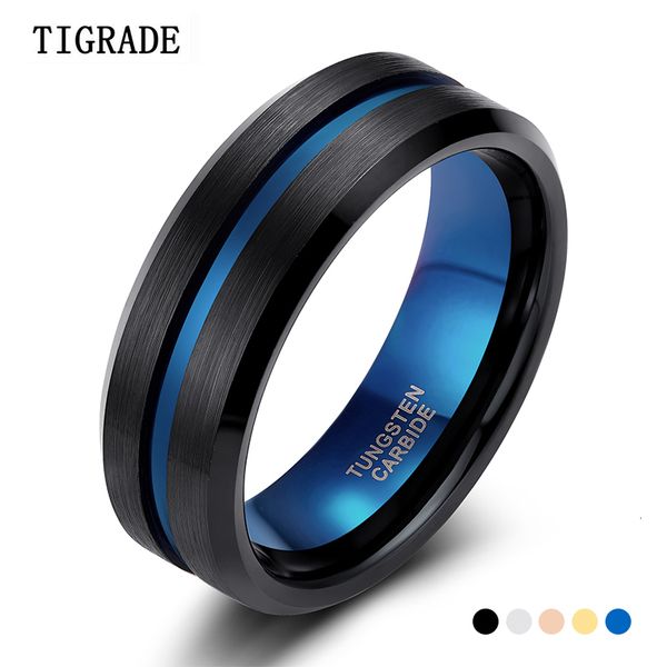 Anéis de banda TIGRADE 8mm masculino preto carboneto de tungstênio anel fino linha azul aliança de casamento masculino vintage jóias anime anel masculino aneis tamanho 6-15 221119