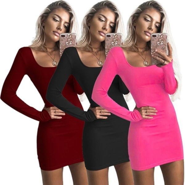 Abiti casual Manica lunga Sexy aderente Donna Club Autunno Basic Solido Collo quadrato Vino rosso Nero Donna Mini Inverno 221121