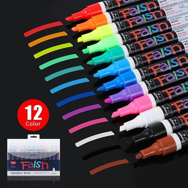 Penne di pittura 12 pezzi marcatori di gesso liquidi Colori cancellabili Eloralumtri a LED da scrittura vetro a penna neon lavagna Windows 221119