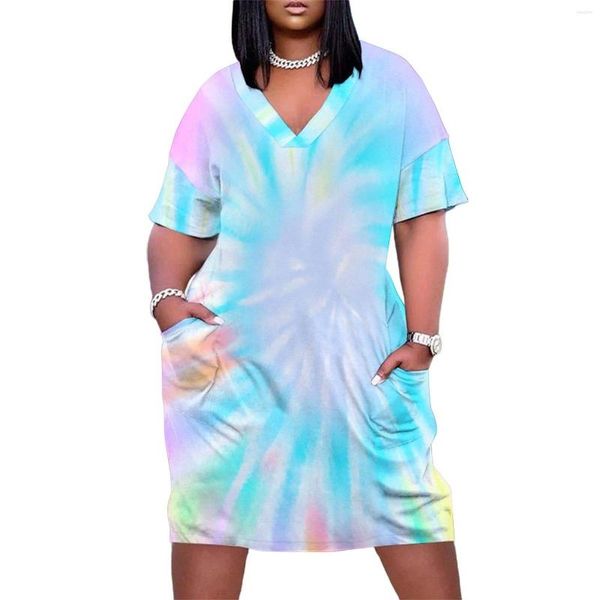 Plus Size Kleider Ombre Tie Dye Freizeitkleid Sommer Bunter Hippie-Druck Elegant Damen V-Ausschnitt Street Fashion 4XL 5XL