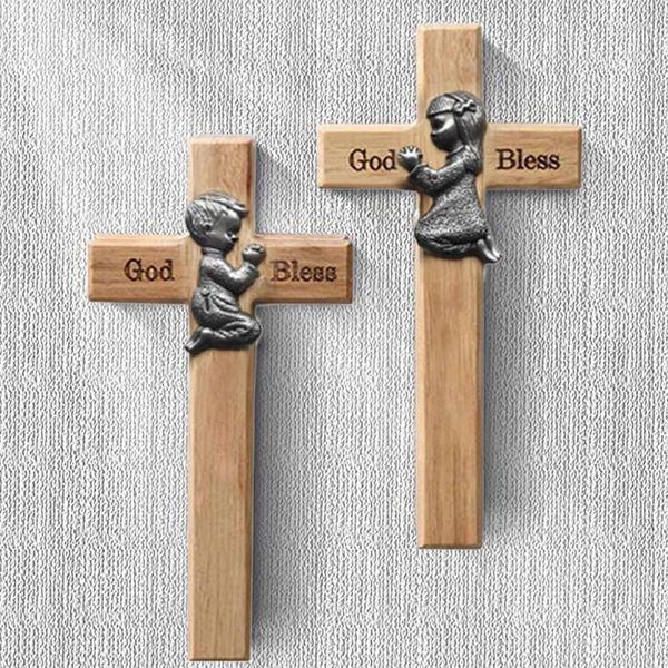 Weihnachtsdekorationen Holzkreuz mit kniendem betendem Kinddekor Hängender Segen Wand handgemachte Verzierung für Innen-Außenh88f