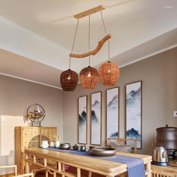 Lâmpadas pendentes de vime de vime de madeira maciça de madeira sólida sala de chá chinês B Restaurante de mesa de jantar de três pontas Lâmpada de teto