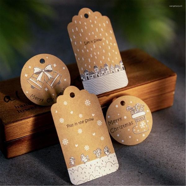 Hediye Sargısı 50cps Noel Kraft Kağıt Etiketleri Sicim İpi Kravat Noel Hang Etiketleri Kardan Adam Kar Tanesi Ağacı Ön-Dökülmüş Etiket Kartı
