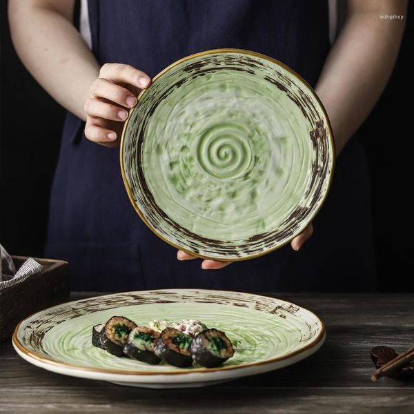 Тарелки японская 8-дюймовая керамическая тарелка зеленое дерево зерно круглое ручное ручное домашнее набор и блюда