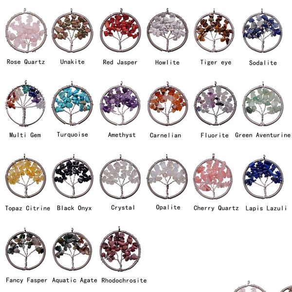 Colares de pendentes 12pcs chip real gem stone chakra colar ￡rvore de vida lascas de cristal lascas de cristal j￳ias de arco -￭ris j￳ias para dro dhoz8