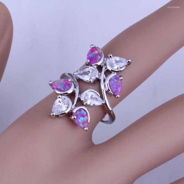 Anelli a grappolo Fascino di alta qualità Rosa Opale di fuoco Anello con zirconi cubici per le donne Gioielli a forma di foglia color argento J0536