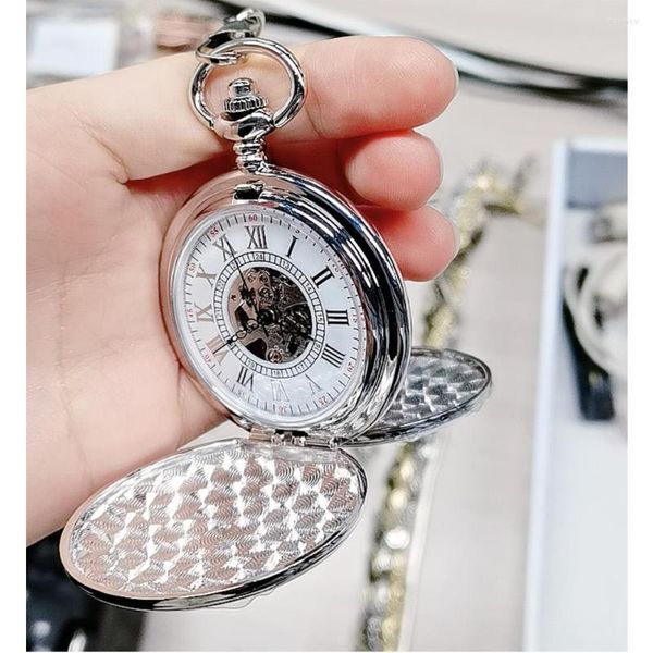 Taschenuhren Top Silber Uhr mechanisch für Männer Frauen Mode 2 Seiten offenes Gehäuse Kette Geschenk