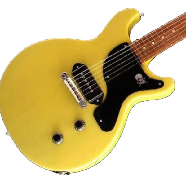 Maßgeschneiderte E-Gitarre, TV-gelbe Farbe, durchsichtige Holzmaserung, neue Gitarre mit silbernem Hardcase, eigenem Logo und Chromteilen