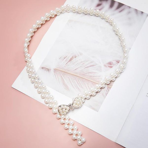 Cinture Cintura elastica da donna di lusso di moda Cintura bianca con perle di cristallo Fibbia a catena per ragazze femminili Abito da maglione Shopping per feste