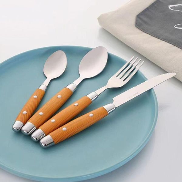 Set di stoviglie Durevole Manico in grana di legno Coltello da bistecca portatile Forchetta Cucchiaio Set di posate Kit di posate