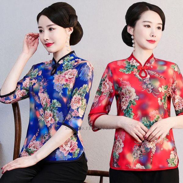 Roupas étnicas 2022 Tradicional Chiffon Blouse National Vintage Flower Print Service Mulheres Cheongsam Tops Tang Oriental Tang Suit