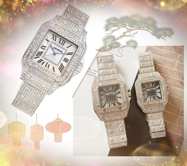 Volldiamanten Ring Quadratische römische Uhren Quarzwerk Iced Out Damen Herren Shiny Lover Lifestyle Wasserdicht Mode Kleid Set Armband Armbanduhr Montre De Luxe
