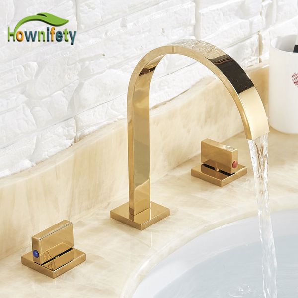 Banyo lavabo muslukları altın havza ve soğuk su üç delik iki saplı mikser musluk güverte monte yıkama küveti faukları 221121