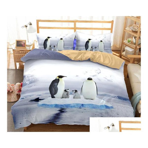 Set di biancheria da letto 3D Pinguino Set di biancheria da letto Simpatico cartone animato Stampa Piumino Er con federa Twin Fl Queen King Size Drop Delivery Home Garden Dhqln